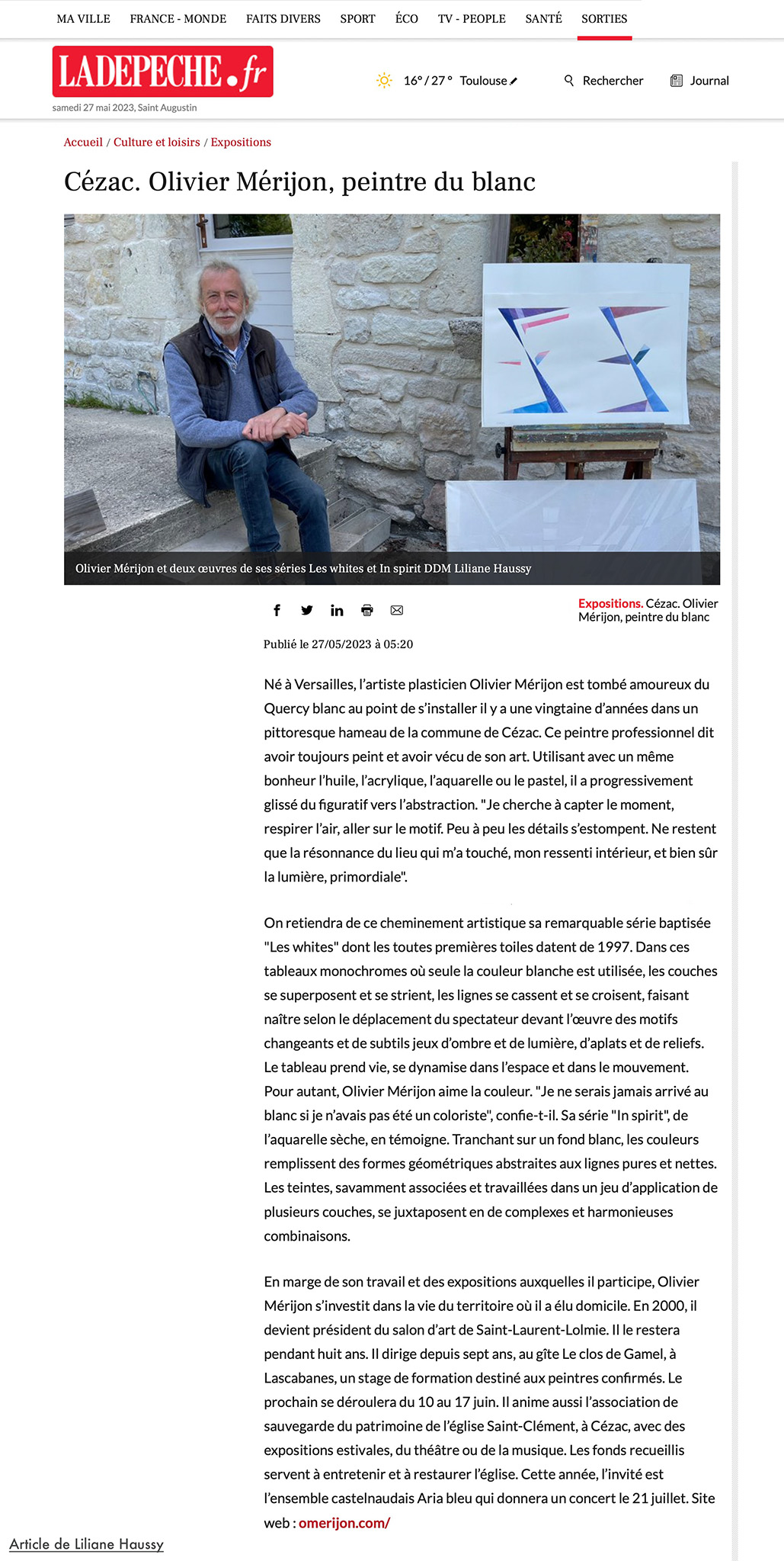 Liliane Haussy, article sur le peintre O.Mérijon. La-dépeche du Midi. Le 27 mai 2023